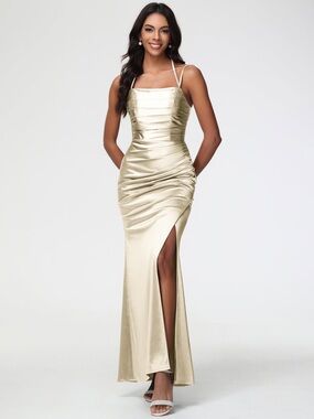 Hebeos Champagne Asymmetrical Lined High Slit Satin Sheen Dress NWT